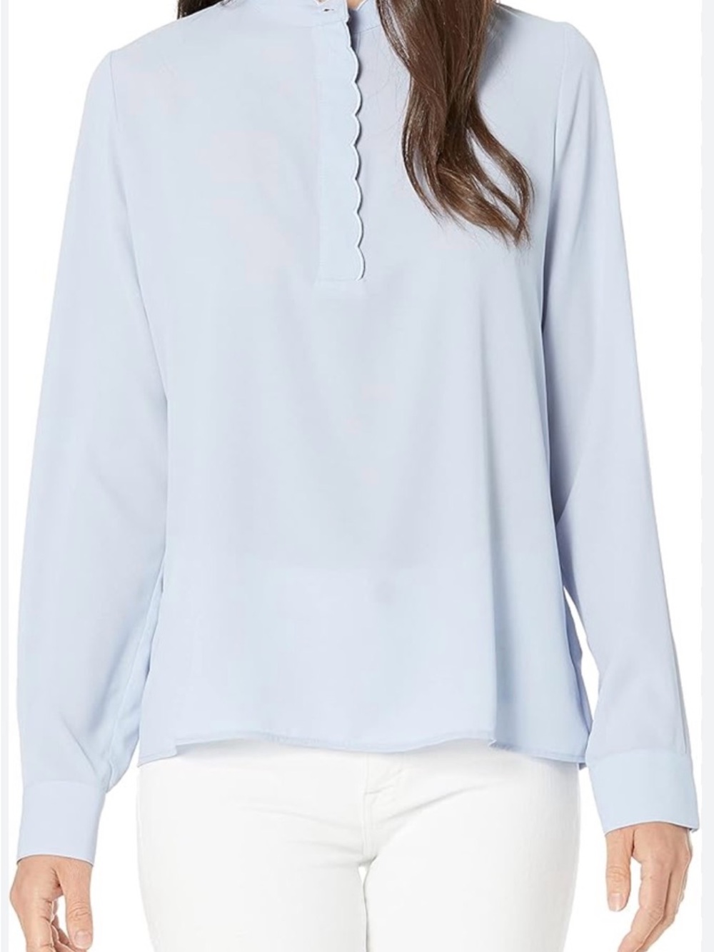 Scallop Trim Long-Sleeve Blouse - Light Blue